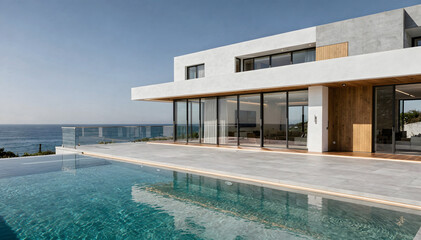 Fototapeta premium Stunning contemporary villa with an infinity pool overlooking the ocean, showcasing luxury architecture and serene coastal living under a clear sky