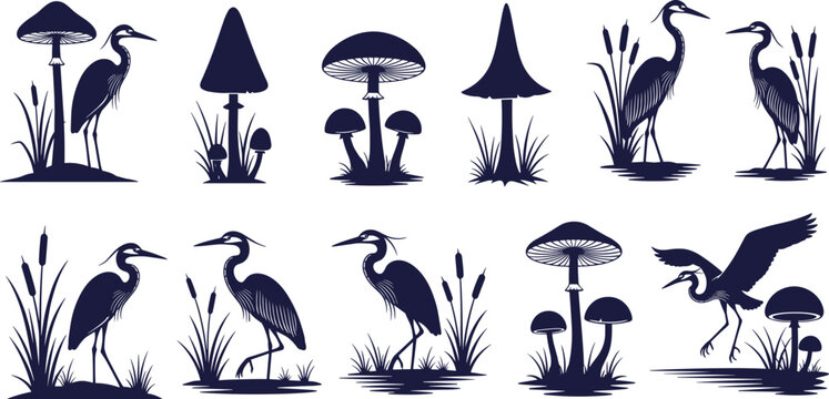 Heron silhouette set with mushroom and cattail plants collection cad drawing flat vector illustration for marsh nature and pond wildlife.