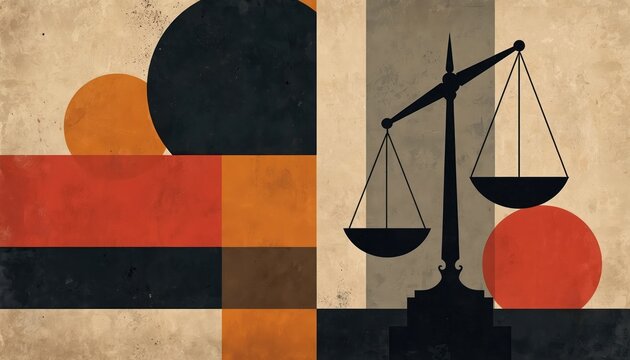 Abstract geometric art scales of justice balancing contrasting shapes, colors. Minimalist design conveys legal concepts, fairness, order, equilibrium in modern graphic style for various media.