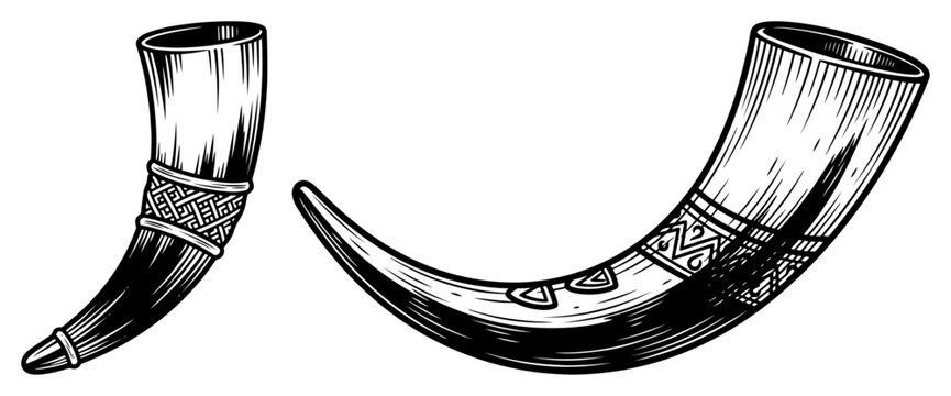 Pair of traditional drinking horns with ornate patterns in vintage engraving style