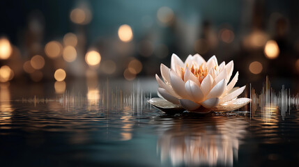 Naklejka premium Glowing lotus flower with soft sound wave ripples representing meditation and mindfulness, defocused background, spiritual wellness concept, yoga and meditation design, with copy