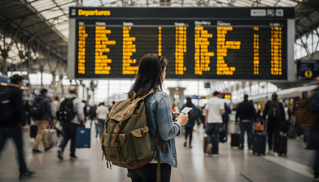 Solo female traveler checks her itinerary on a smartphone, standing near a large departure board in a busy transport hub, ready for an adventure