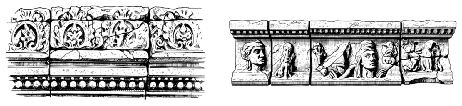 Ancient Greek or Roman architectural frieze with decorative relief and human faces engraving style