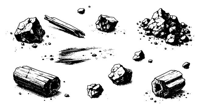 Collection of scattered rocks stones and broken wooden logs in hand drawn sketch style