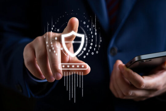 Man's finger touching digital shield with binary code and password image