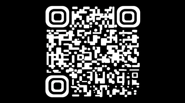 A black and white QR code composed of white squares and dots on a black background