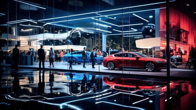 Luxury new cars inside store at night, modern shiny vehicles view through window of dealership on city street. Urban reflections and neon lights.