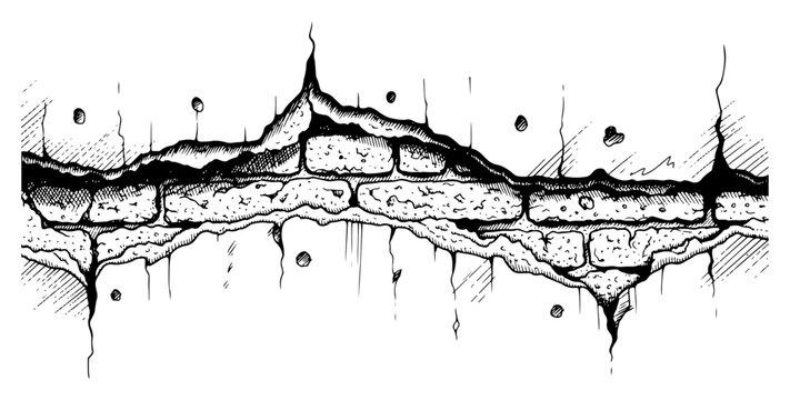 Horizontal cracked wall breach revealing inner brickwork texture in hand drawn vintage engraving style