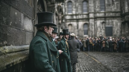 Fototapeta premium emerald coat and top hat on city streets near stone building facade