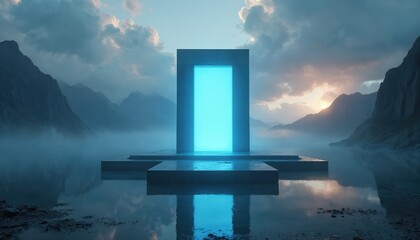 Naklejka premium Glowing portal structure stands on water near mountains at sunrise. Mist surrounds blue light doorway. Futuristic gateway appears in quiet landscape. Otherworldly travel concept.