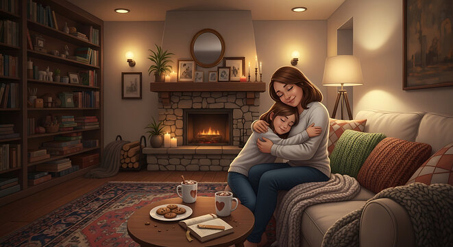Cozy Home Embrace: A tender moment of comfort unfolds in a warm living room, as a mother lovingly embraces her child, surrounded by the soft glow of firelight and candlelight. 
