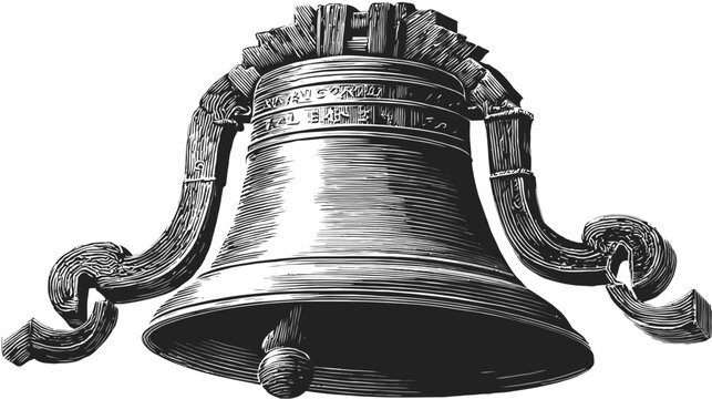 Vintage engraved illustration of a large bell with handles, a clapper, and a decorative top