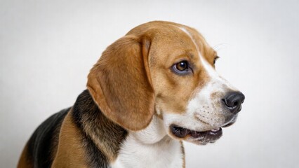 Portrait of a beagle with brown and white fur looking sideways.