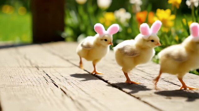 Yellow baby chicks walking with pink bunny ears on wooden porch