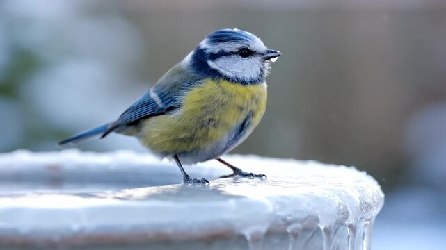 Blue Tit Perched on Icy Surface in Winter Scene.