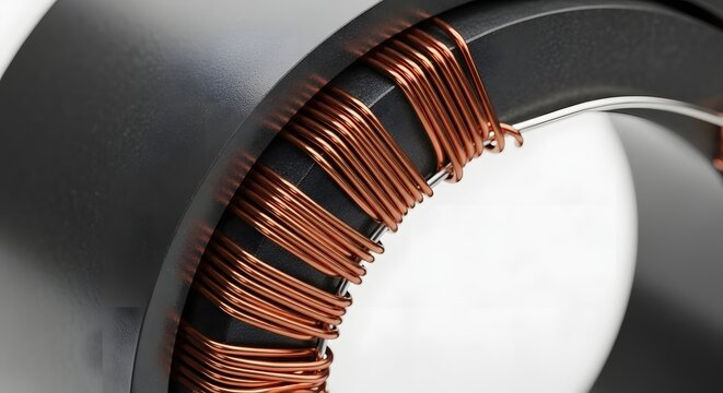 Close up of copper wire windings on a dark toroidal inductor core