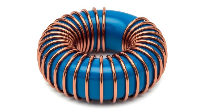 Toroidal inductor coil with copper wire wrapped around bright blue core