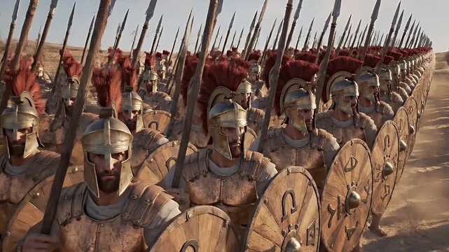 Greek Hoplite Soldiers Animation - A dense formation of Greek hoplite soldiers stand ready for battle, spears held high. The 3D animation showcases their bronze helmets, shields, and armor detail.