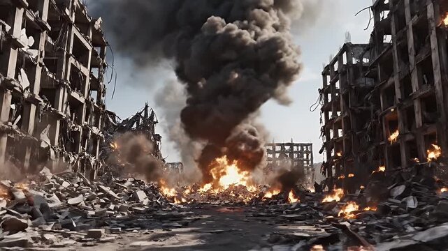Ground View of a Destroyed City Street - This ground-level shot shows a street devastated by destruction, filled with burning rubble and plumes of thick, dark smoke rising into the sky.