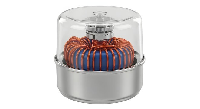 Close up view of a toroidal inductor or choke coil with copper wire wrapped around a blue core