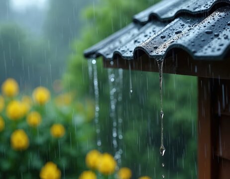 Rain streams down dark roof tiles. Water drips from the edge, with blurred yellow flowers and green leaves in background. Gentle weather creates wet scene.