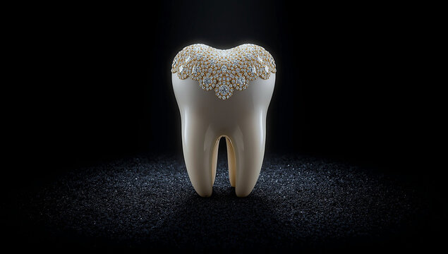 Luxury tooth decorated with diamonds on dark background, concept of premium dental aesthetics, sparkling gemstones on white enamel, high end jewelry style