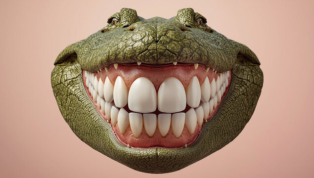 Surreal close up of animal mouth with human like teeth, uncanny and creepy concept, distorted anatomy, abstract horror style illustration