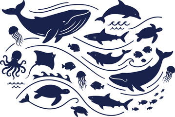 Obraz premium Creative navy blue vector illustration of sea creatures arranged in a dynamic, flowing wave composition on a white background