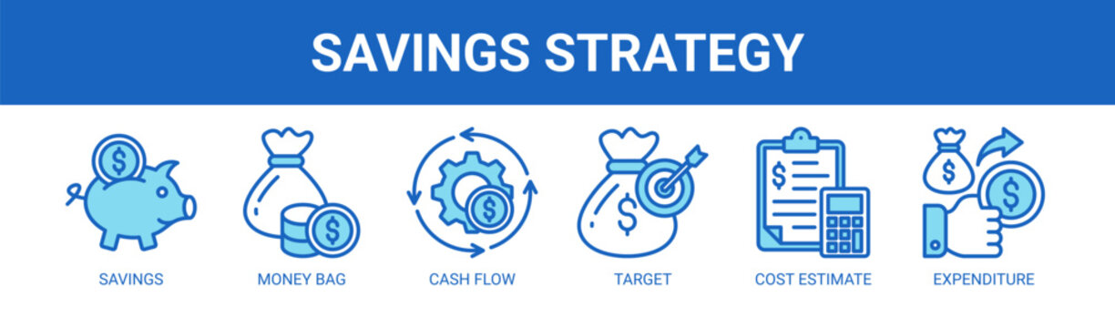 Savings Strategy web banner icon vector illustration concept with icons of savings, money bag, cash flow, target, cost estimate, and expenditure.