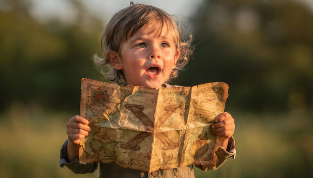 Enthusiastic Young Child Hold a Vintage-Style Map with Wide-Eyed Wonder, Gazing Upward in an Outdoor Setting Amidst Soft, Golden Light