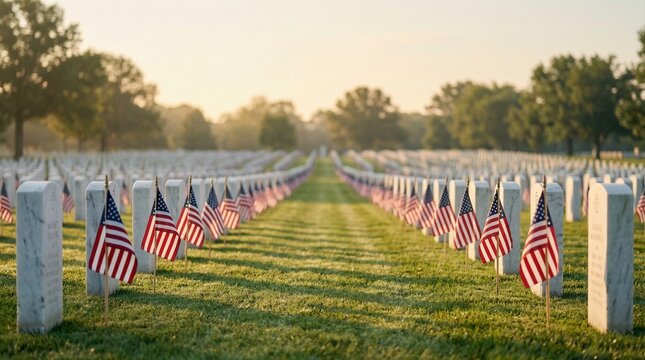 American military cemetery headstones with flags placed for Memorial Day in a green field at sunset