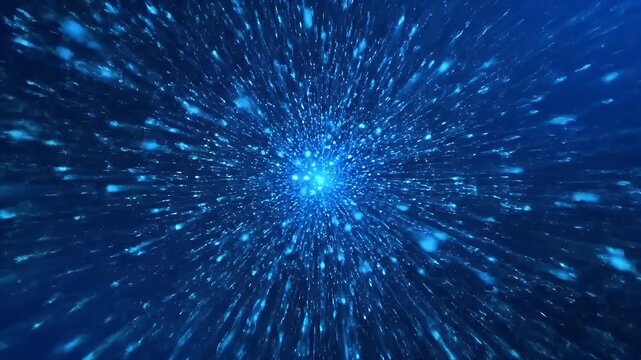 Blue glowing particles flying forward in dark space background