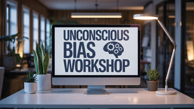 Desktop computer monitor displaying text "Unconscious Bias Workshop" with brain gears icon in modern office
