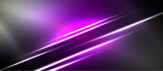 Obraz premium Abstract background features vibrant purple, white streaks. Dark areas contrast bright illumination creating dynamic visual effect.