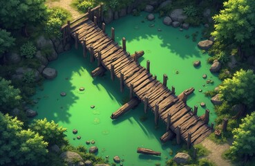 Fototapeta premium Old wooden bridge crosses toxic green swamp water. Lush forest surrounds muddy path leading over murky pool. Overgrown nature with rocks and small plants.