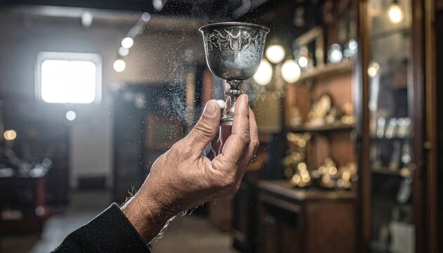 A detailed photographic capture of a hand holding and polishing a tarnished antique silver chalice in a warmly lit setting, highlighting intricate details and the restoration process.