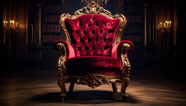 An exquisite Rococo armchair upholstered in rich crimson velvet, featuring ornate gilded carvings, situated in a grand library setting.
