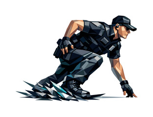 Fototapeta premium Low-poly vector illustration of a police officer preparing to launch into a pursuit run, angular crouched stance with knees bent