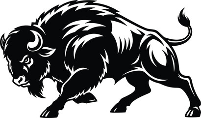 Powerful Bison Bull Silhouette Vector Illustration, Majestic Buffalo Charging Forward with Sharp Horns, cad drawing flat vector illustration, Wild American Animal. © Robiul