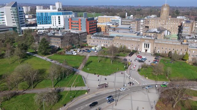 Aerial video of Birmingham Metchley Roman Fort next to Queen Elizabeth Hospital. 