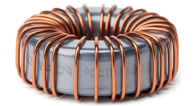 Closeup of toroid inductor coil with copper wire wound around grey core on white background