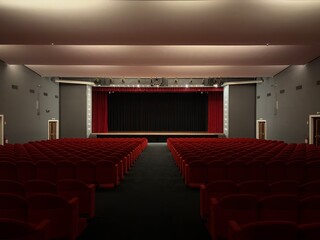 Interior of an empty theater auditorium with rows of red seats facing a stage with closed curtain and dramatic lighting.