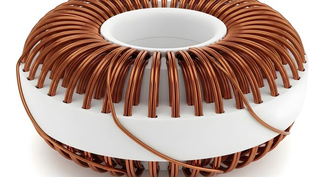 Detailed view of toroid inductor with extensive copper wire windings on white base
