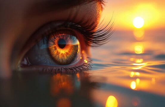 Extreme close-up of human eye reflecting vibrant sunset over water. Iris shows fiery orange, yellow hues, mirroring sky, ocean. Eyelashes frame eye, with calm water surface meeting skin. Warm light