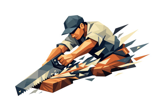 Low-poly vector illustration of a carpenter accelerating into the saw cut, dynamic diagonal composition with the saw pulling