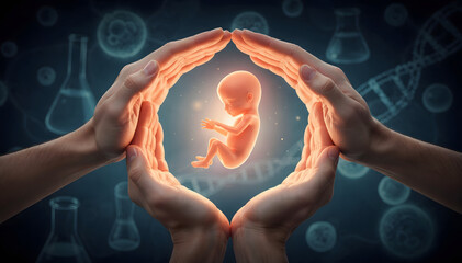 Pair of hands protectively cupping a glowing fetus, embodying concepts of life, care, science, and future within a dark, abstract, medical background with research elements