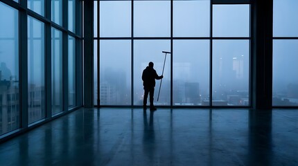 Fototapeta premium A diligent janitor cleans large office windows on a foggy downtown day, capturing a moment of quiet dedication.