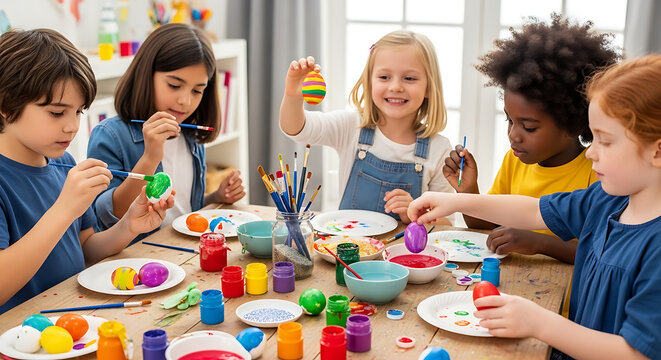 Easter Egg Decorating Fun: A group of happy children of diverse ethnicities gather around a table, enthusiastically decorating colorful Easter eggs with paints and brushes.