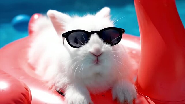 White rabbit wearing black sunglasses floating in pink flamingo ring in swimming pool