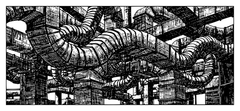 Detailed hand drawn industrial pipe network and ventilation system in steampunk style
